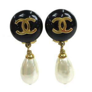 Chanel Artificial Pearl Dangle Earrings Clip-On Black